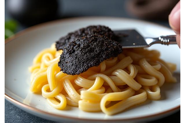 Fettine di tartufo nero fresco su un piatto di pasta