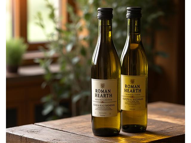Bottiglie di olio extravergine d'oliva di alta qualità etichettate 'Roman Hearth', illuminate da una luce calda, su uno sfondo rustico.