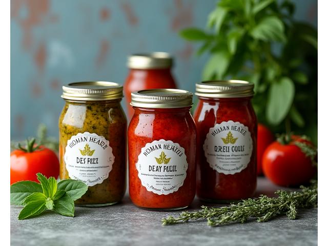 Vasi di salse artigianali, come pesto e sugo di pomodoro, elegantemente disposti su uno sfondo di legno rustico, con erbe fresche.